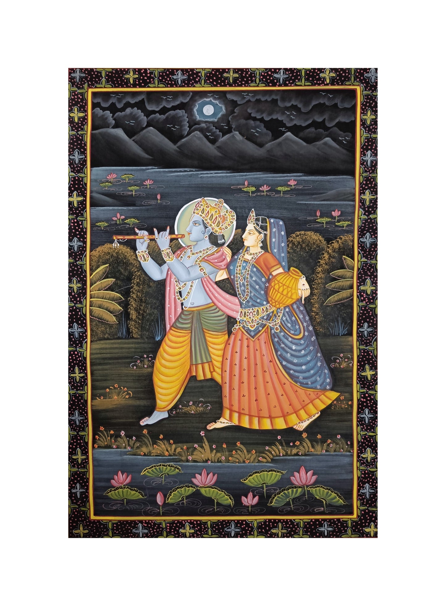 Shree Radha Krishna Bhakti Hand Printed Artwork Wall Painting