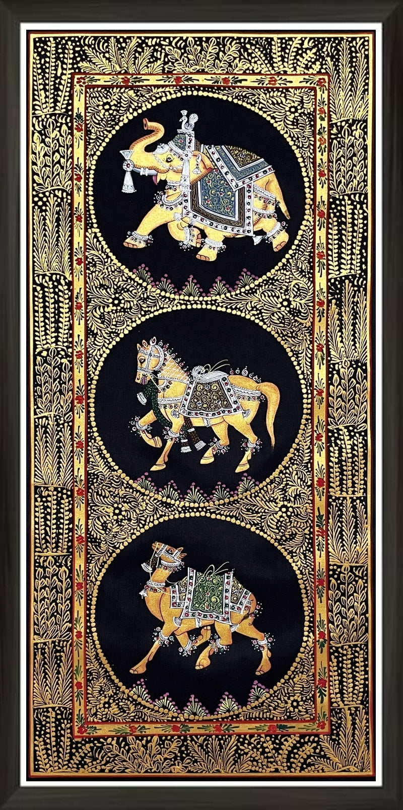 Original Wall Art Trio Painting of Elephant, Camel & Horse In Black