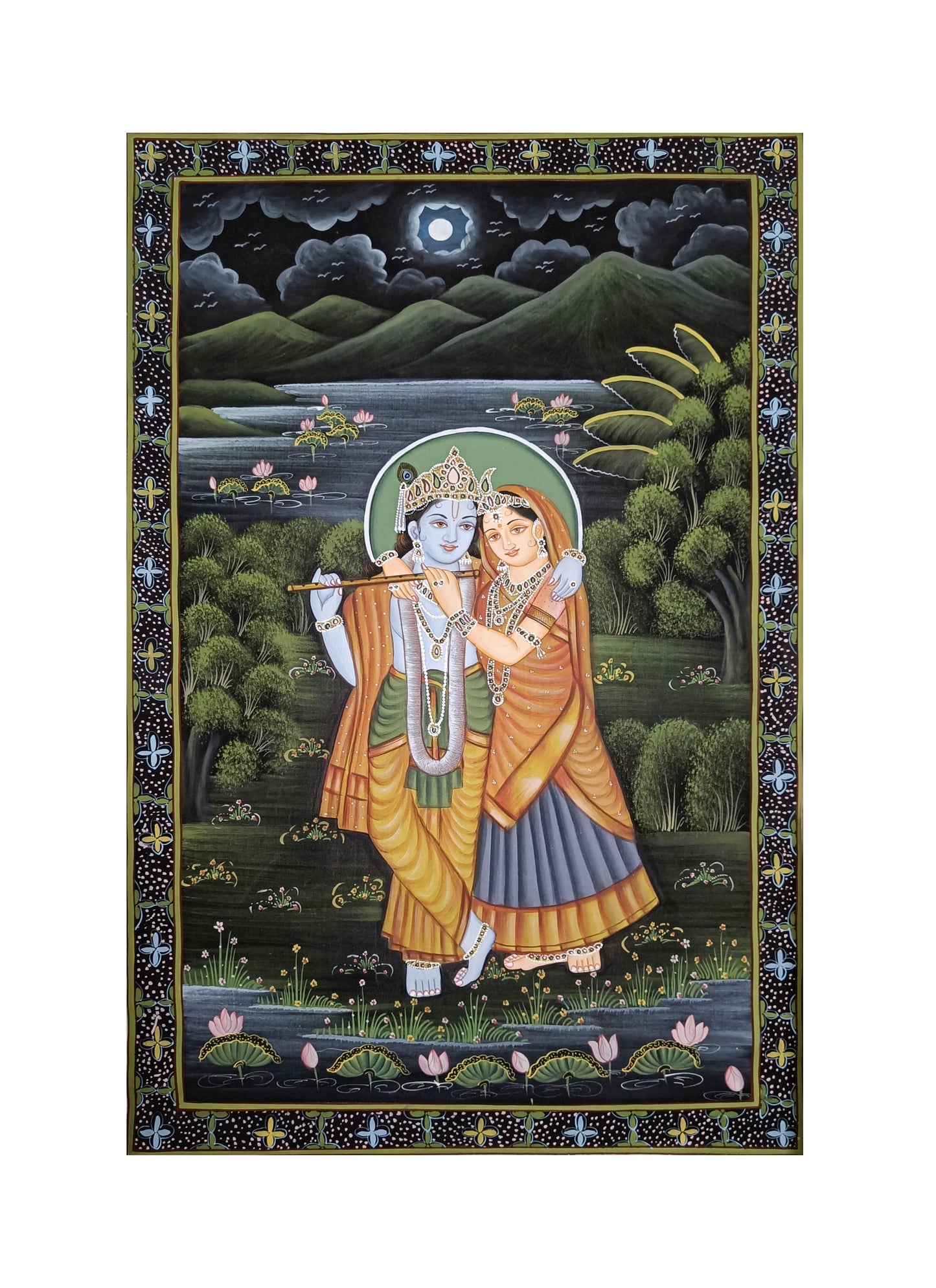 Shree Radha Krishna Bhakti Hand Printed Artwork Wall Painting