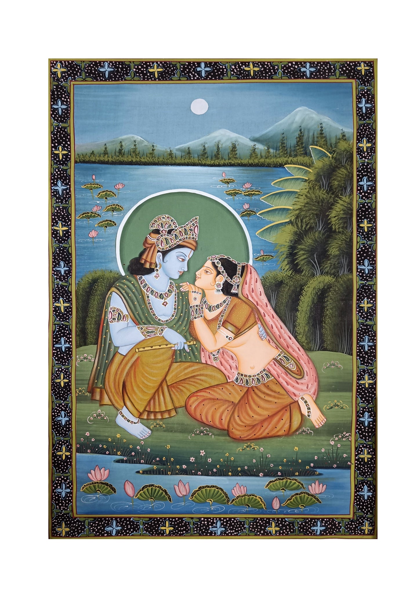 Shree Radha Krishna Bhakti Hand Printed Artwork Wall Painting