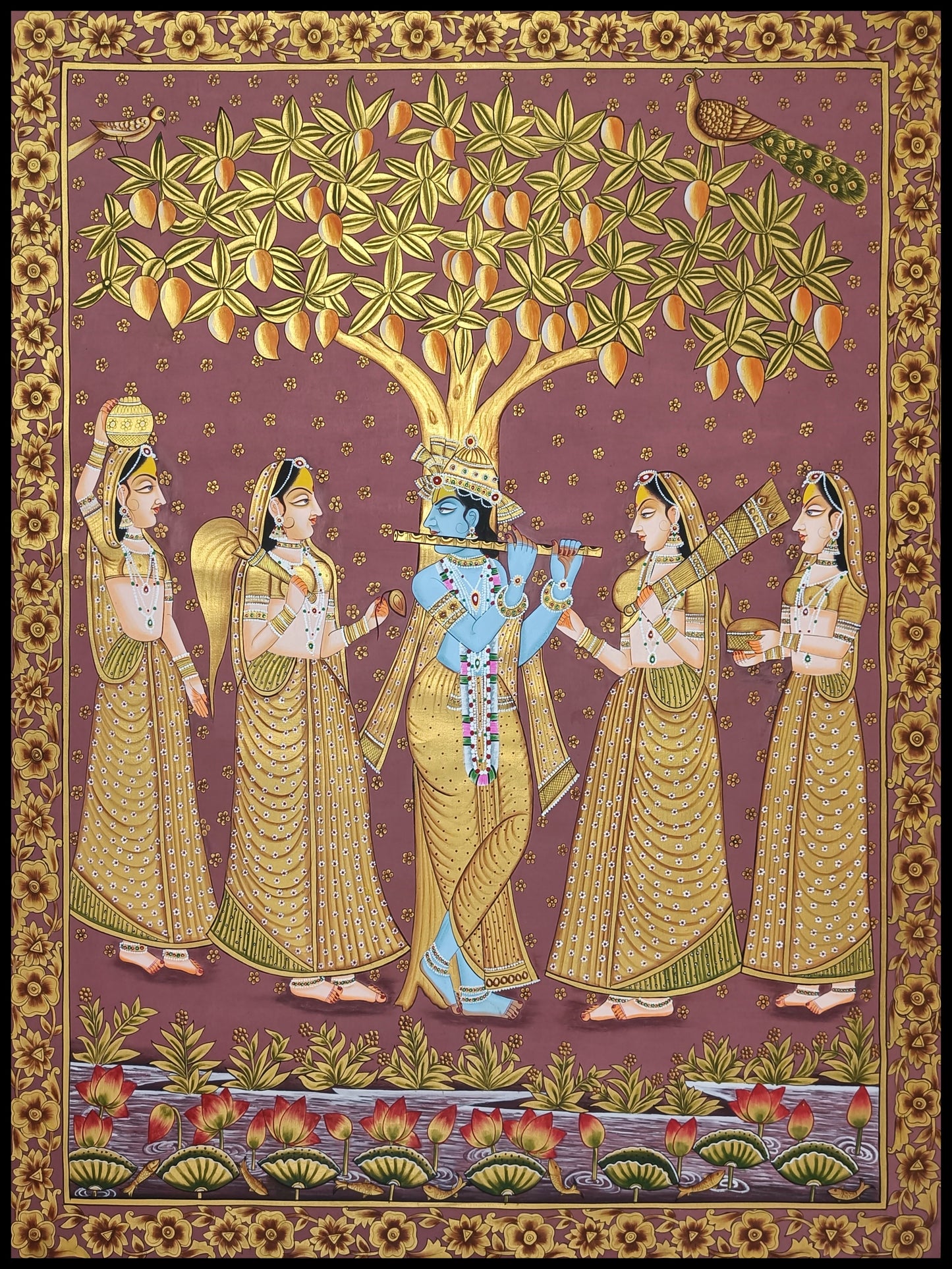 Krishna Gopiya Lila With Lotus and Tree Painting Luxury Artwork
