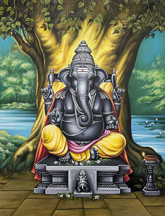 Original Handprinted Oil Canvas Painting of Shree Ganesh (Ganpati)