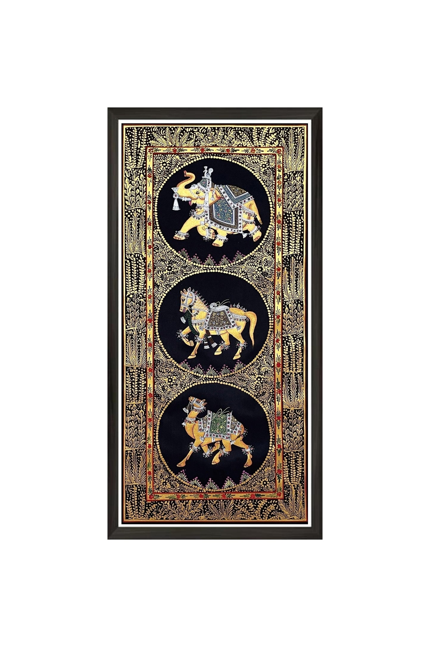 Original Wall Art Trio Painting of Elephant, Camel & Horse In Black