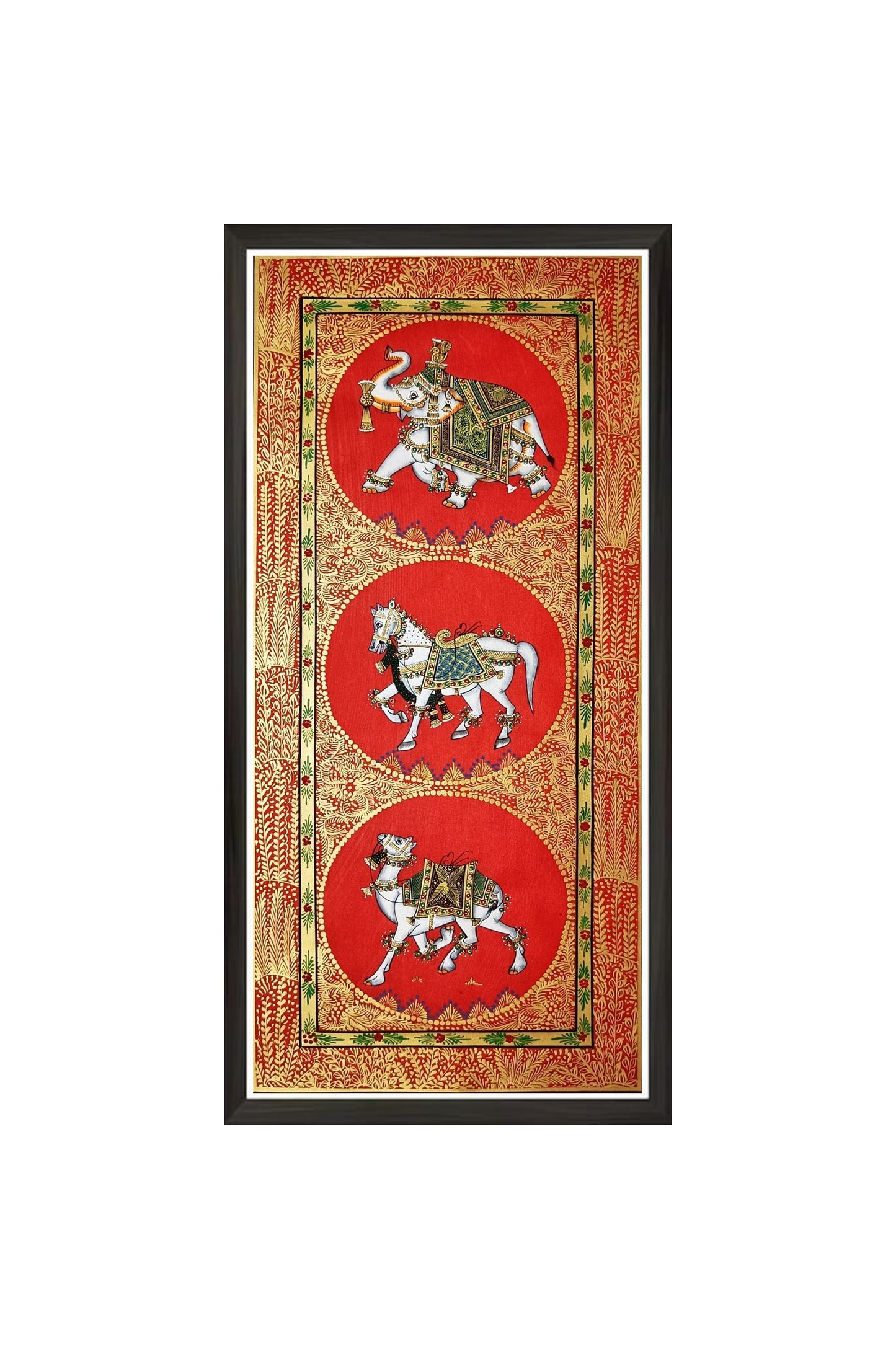 Original Handprinted Wall Art Trio Painting of Elephant, Horse & Camel