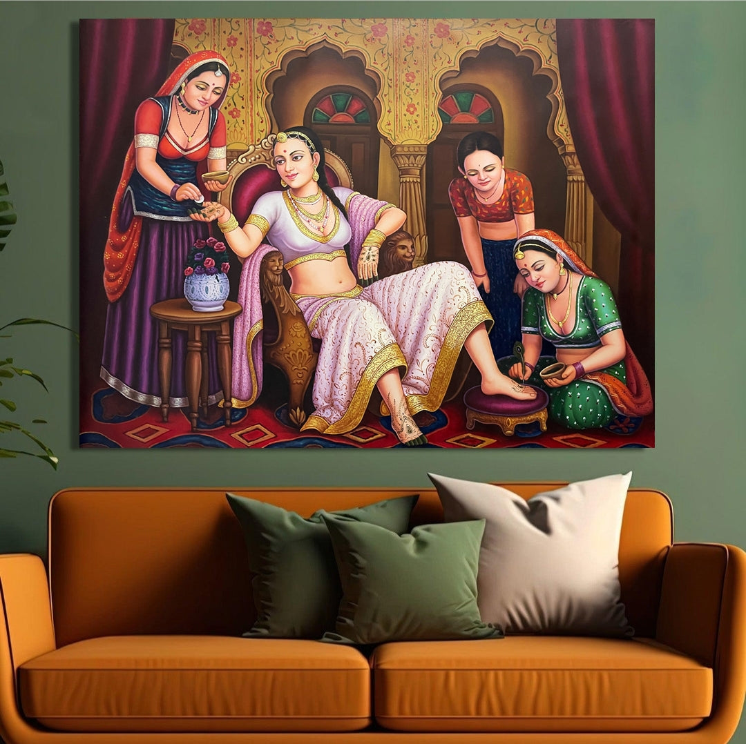 Girls applying Heena on Bride's Hand Original Canvas Painting Handmade Artwork