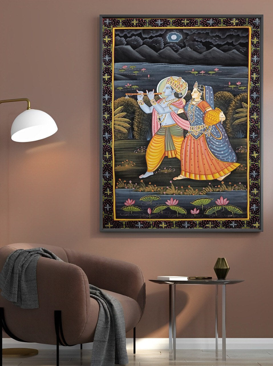 Shree Radha Krishna Bhakti Hand Printed Artwork Wall Painting