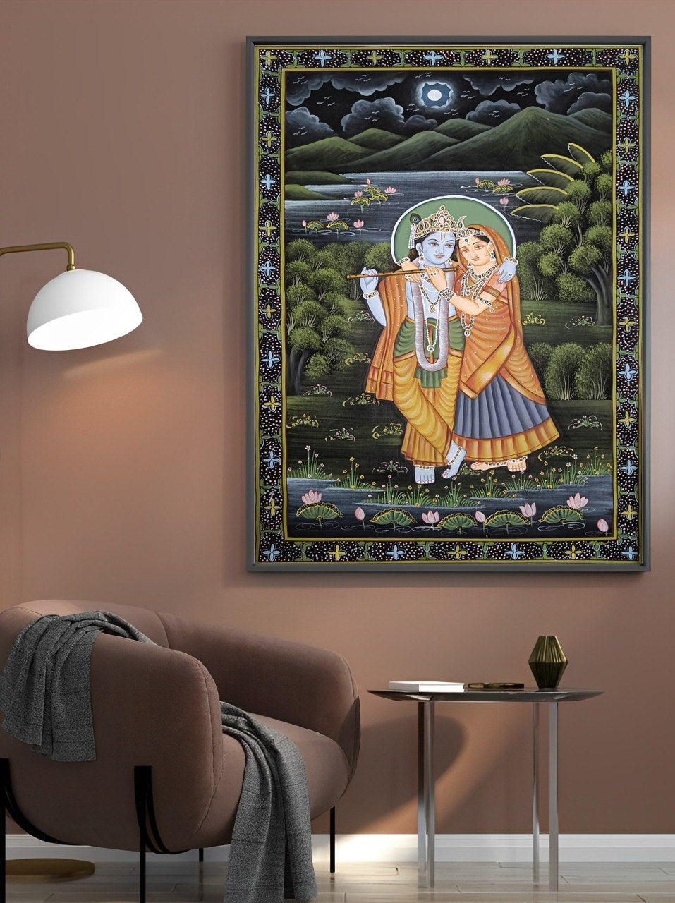 Shree Radha Krishna Bhakti Hand Printed Artwork Wall Painting