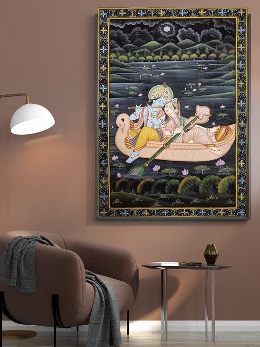 Shree Radha Krishna Bhakti Hand Printed Artwork Wall Painting