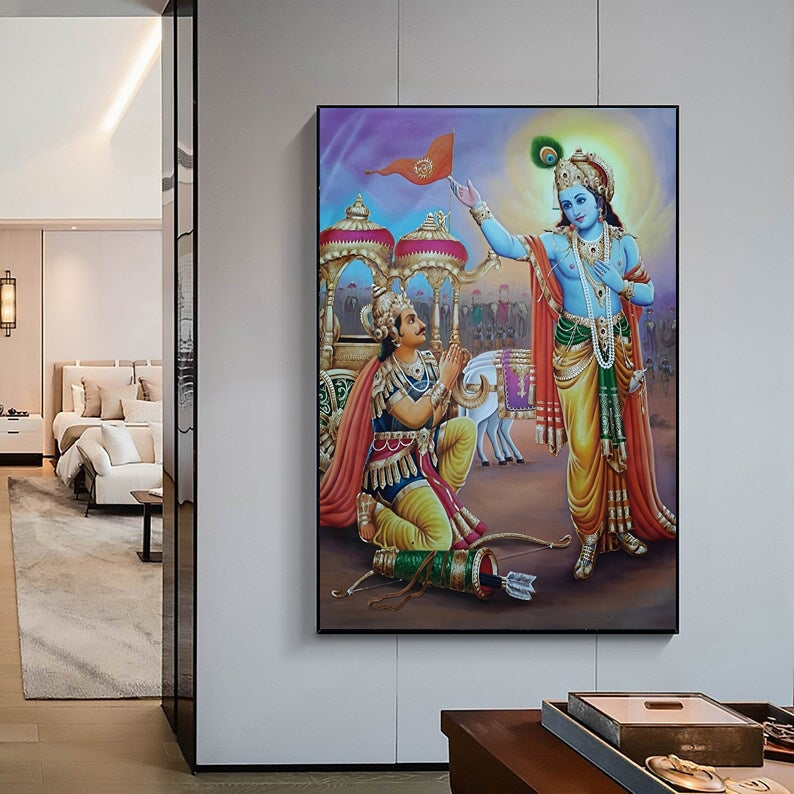 Lord Krishna and Arjun Mahabharat, Geeta Updesh Handmade Oil Painting