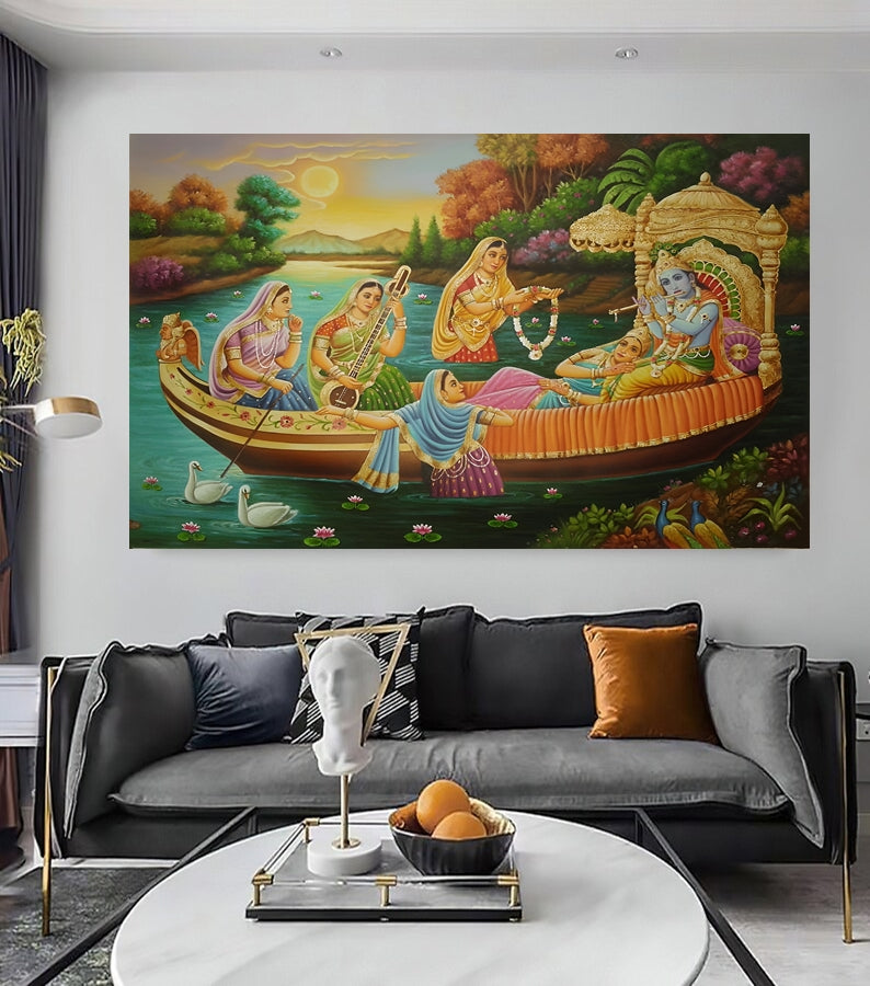 Lord Krishna with Radha and Gopies Detailed Handmade Oil Canvas