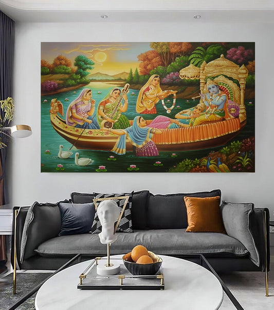 Lord Krishna with Radha and Gopies Detailed Handmade Oil Canvas