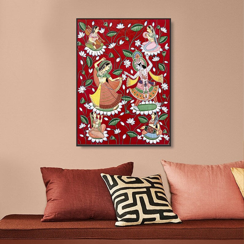 Radha Krishna Dance With Lotus Flowers Painting Wall Decor