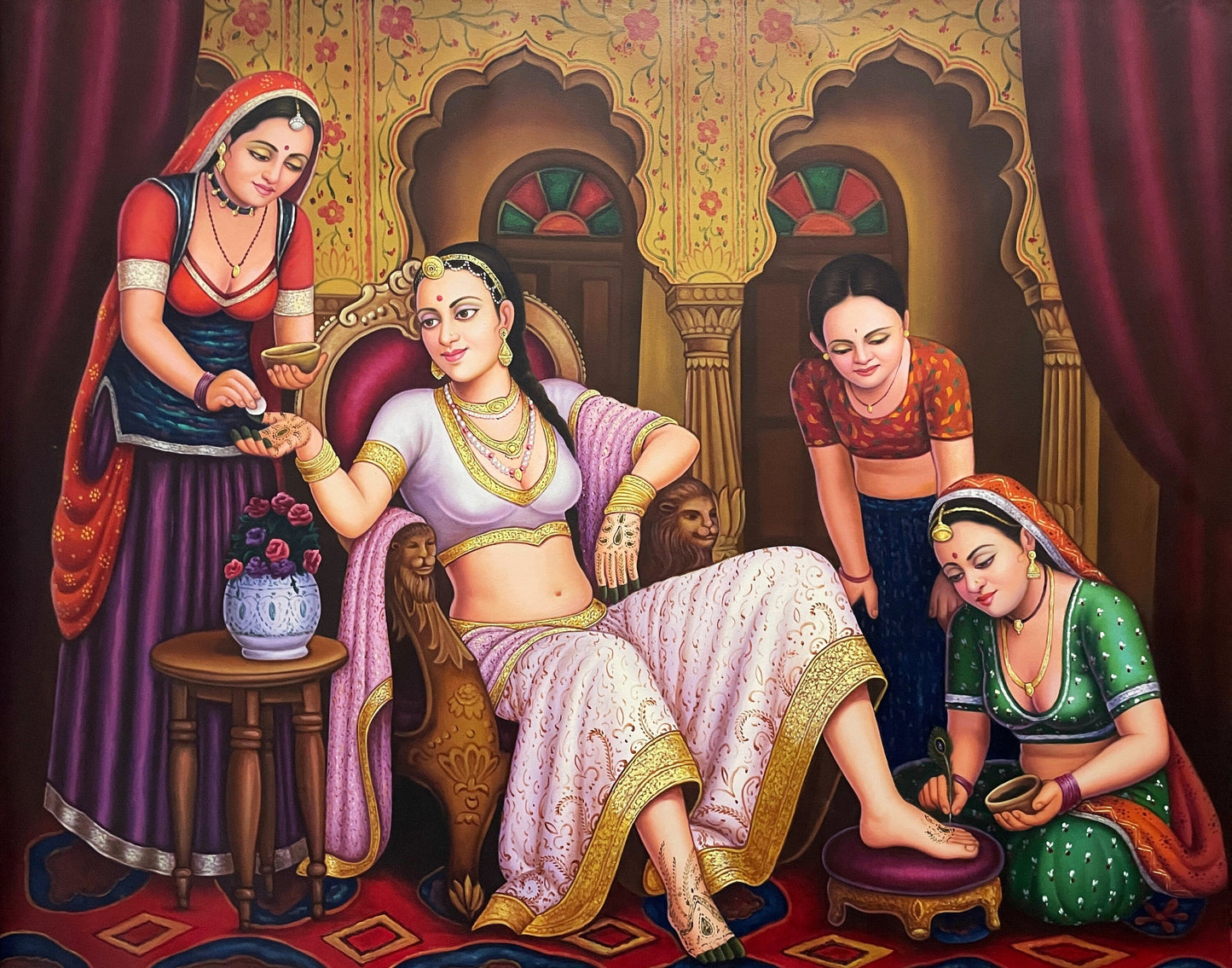 Girls applying Heena on Bride's Hand Original Canvas Painting Handmade Artwork