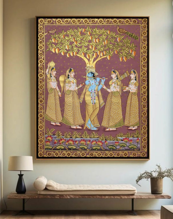 Krishna Gopiya Lila With Lotus and Tree Painting Luxury Artwork